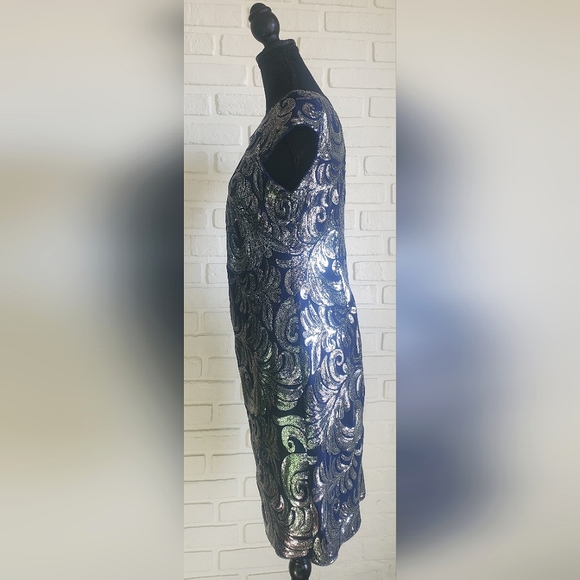 Adrianna Papell Sequin Chiffon Cocktail Dress Cap Sleeve Blue Silver Size 8 - Picture 8 of 16